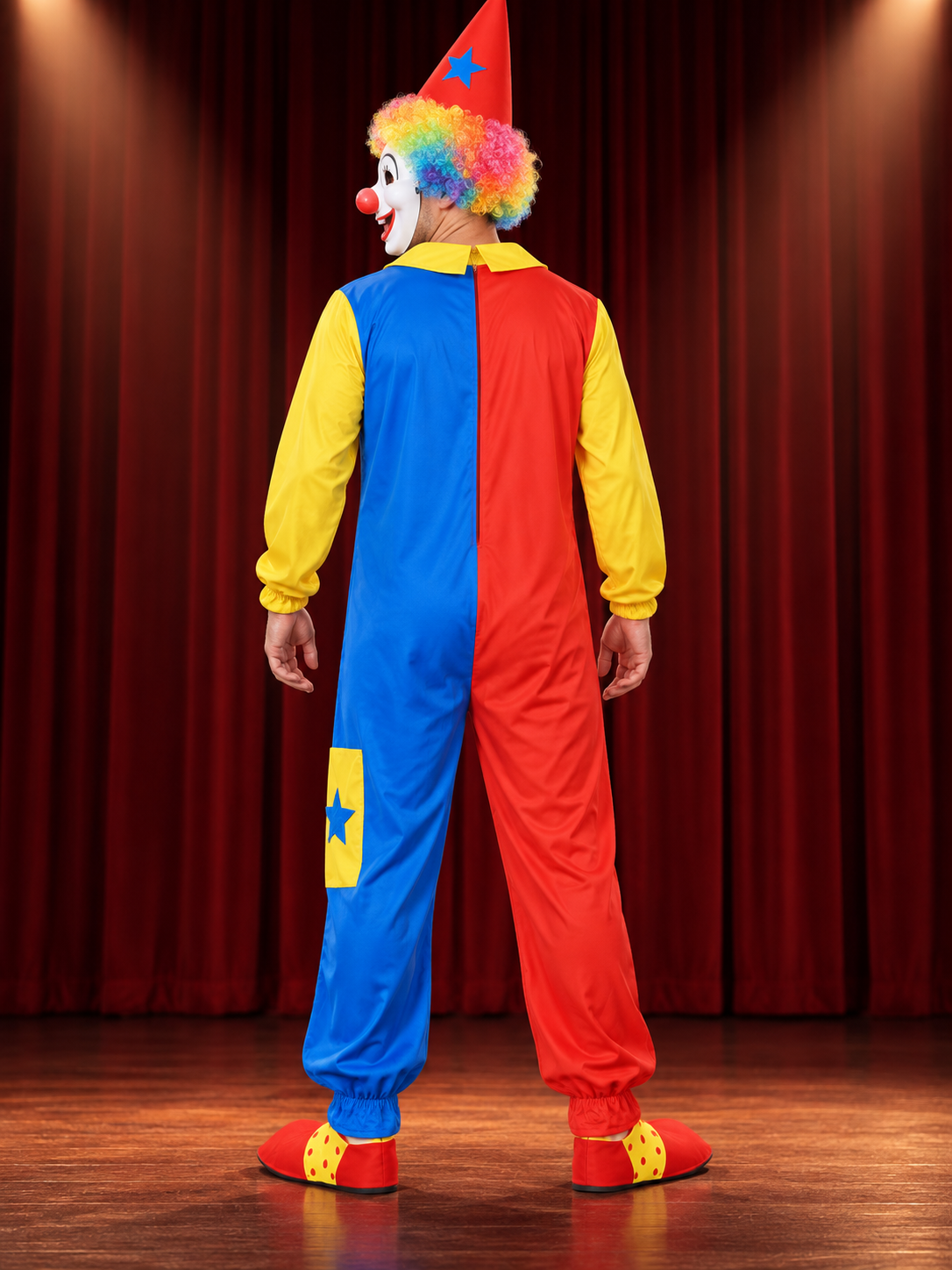 Bright clown costume: jumpsuit, mask, wig, hat