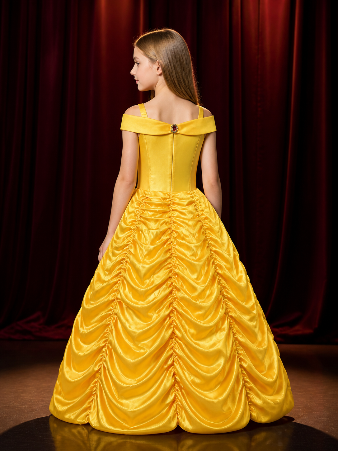 Kids Belle Princess Costume Dress, Yellow Bow-Decorated Long Ball Gown Halloween back view