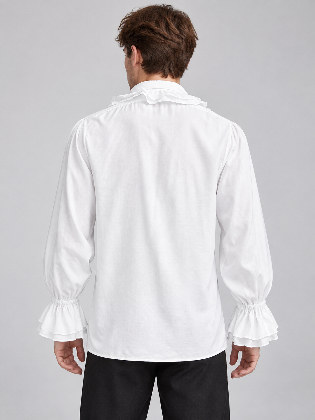White shirt with ruffles, long sleeves, and lacing