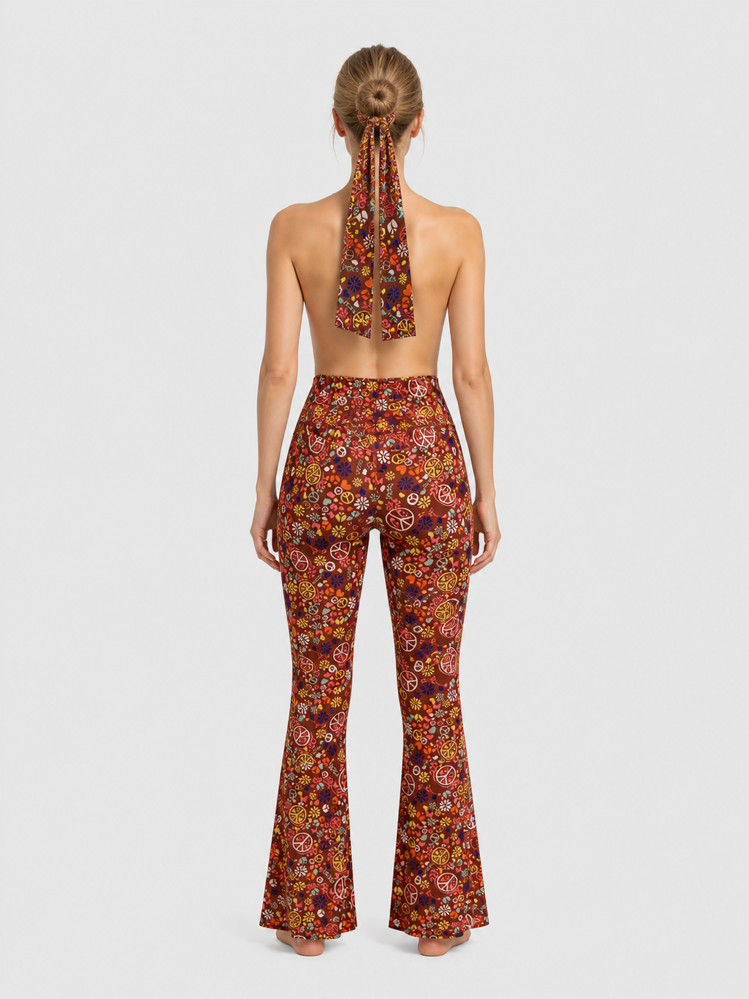 Printed Flare-Leg Pants with Headscarf, High Waist back view