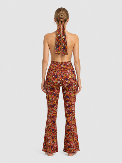 Printed Flare-Leg Pants with Headscarf, High Waist back view