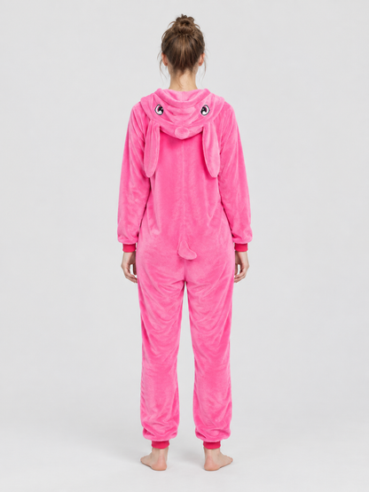 Pink pajama jumpsuit with hood, pocket, and zipper