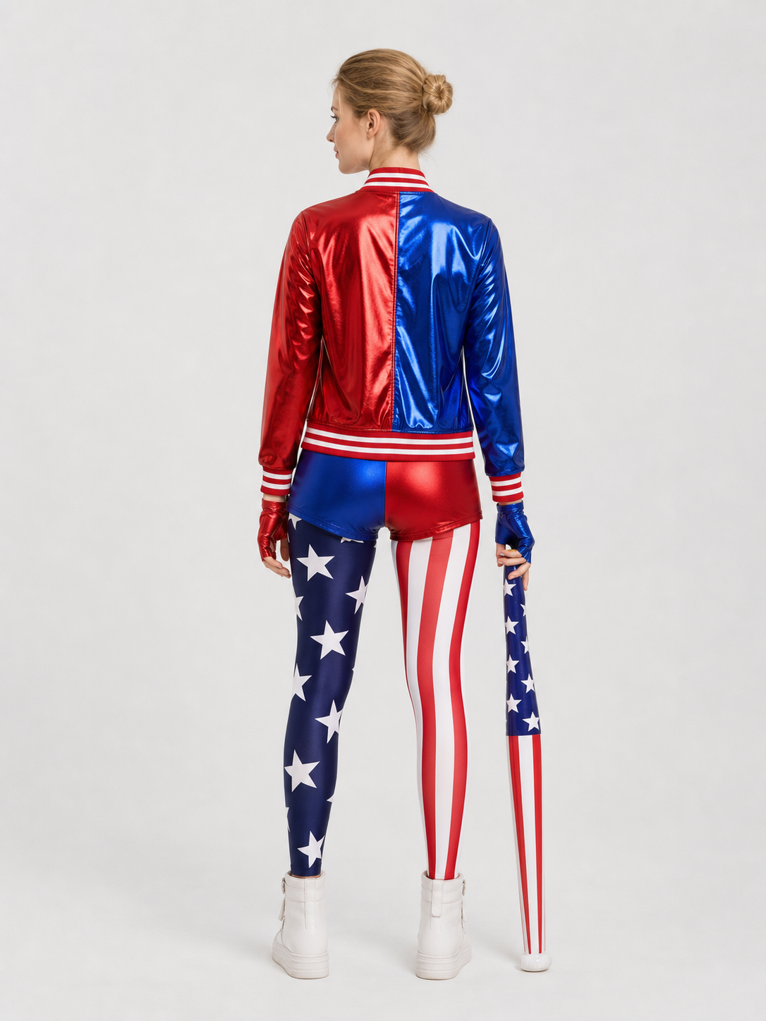 Harley Quinn Cosplay Costume, Jacket, Shorts, Gloves back view
