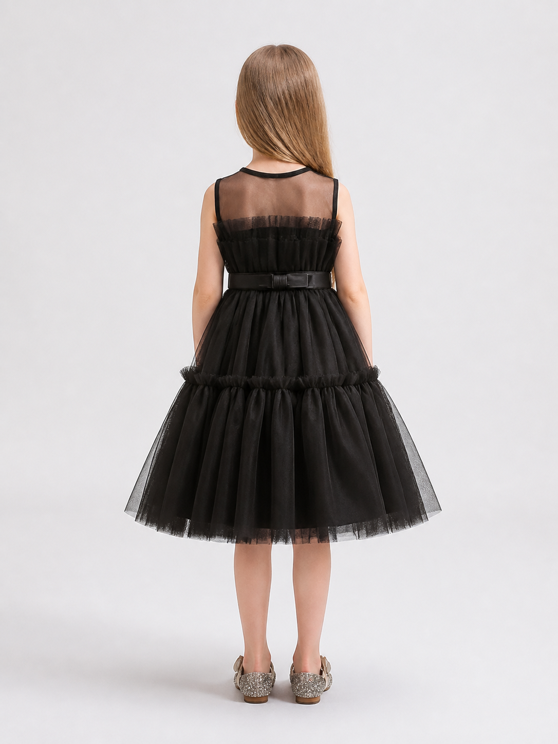 Black Princess Dress for Girls with a Full Skirt back view