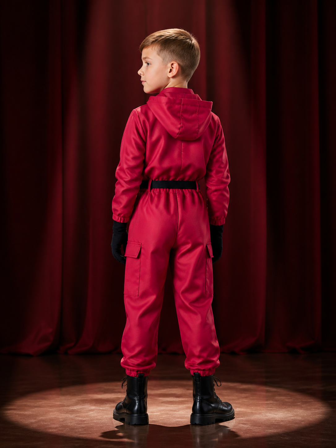 Red Character Workwear Jumpsuit Costume with Belt and Zipper, Halloween Outfit back view