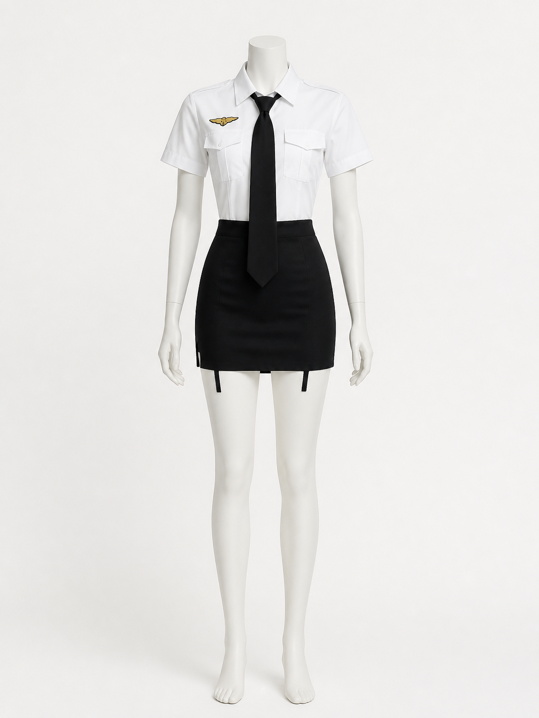 Women's Police Officer Costume Set, White Shirt with Black Tie and Skirt, Sexy back view