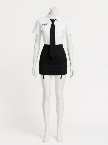 Women's Police Officer Costume Set, White Shirt with Black Tie and Skirt, Sexy back view