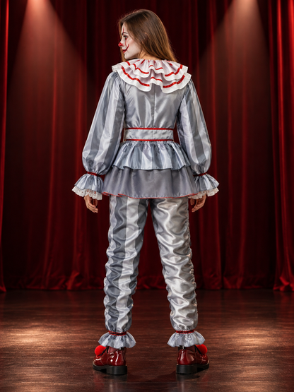 Striped Clown Costume with Peplum, Ruffles, and Pom-Poms