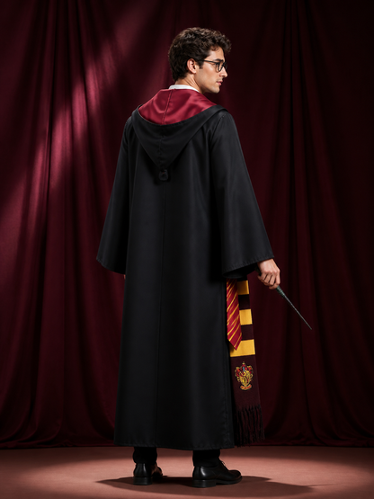 Gryffindor Wizard Costume Set, Hooded Robe With Scarf, Tie, Glasses And Wand back view
