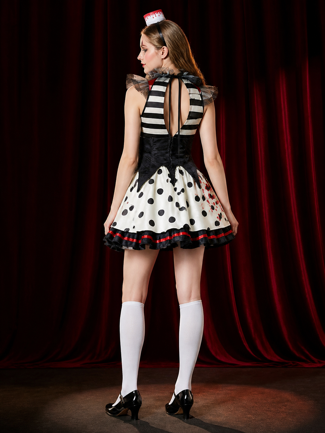 Polka Dot and Striped Clown Halloween Costume Dress with Blood Effect back view