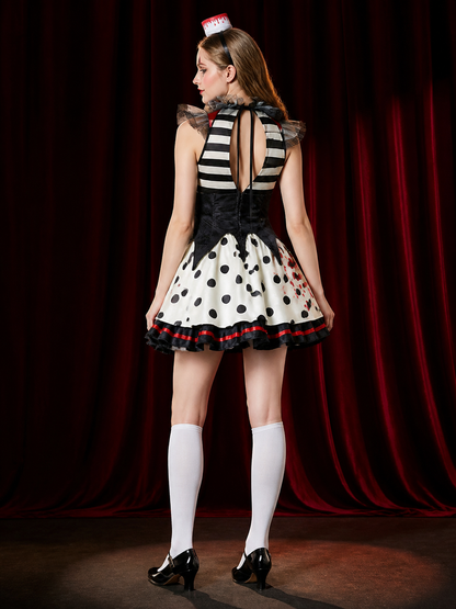 Polka Dot and Striped Clown Halloween Costume Dress with Blood Effect back view
