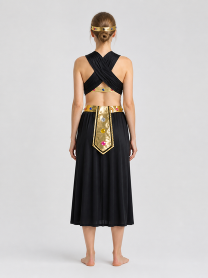 Cleopatra Costume with a Gold Belt and Colorful Stones back view