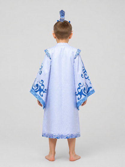 Ao Bing Cosplay Costume, White-and-Blue Robe with Wig back view
