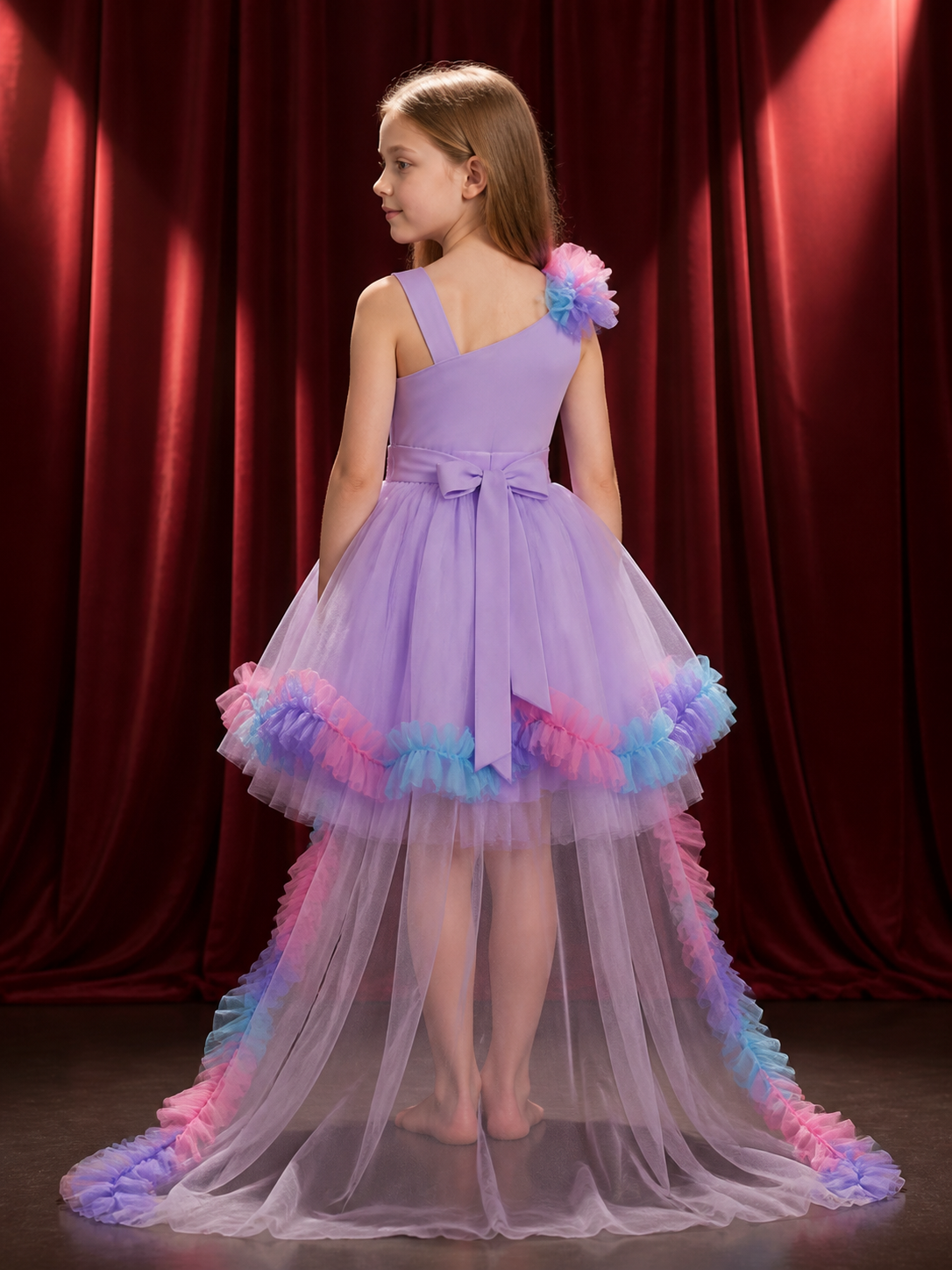 Girls' Princess Tulle Flower Girl Dress, One-Shoulder Long-Tail Party Gown back view
