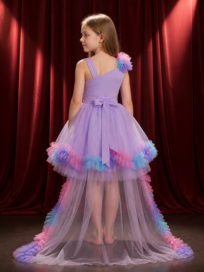 Girls' Princess Tulle Flower Girl Dress, One-Shoulder Long-Tail Party Gown back view