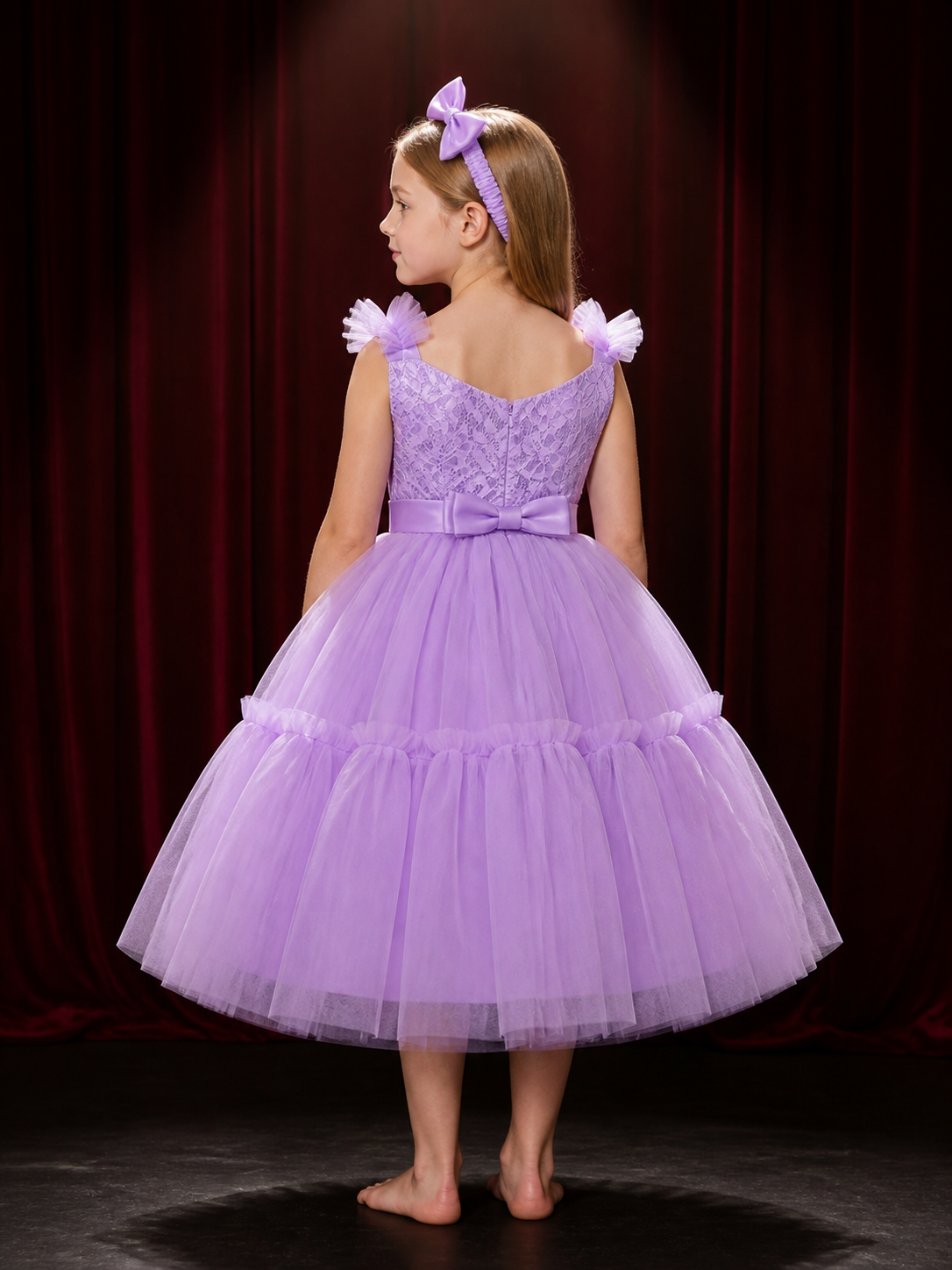 Girls' Purple Princess Dress Set, Sleeveless Lace Bodice, Satin Bow, Layered back view
