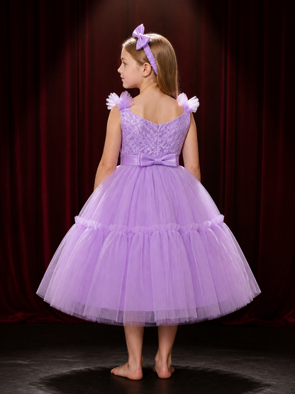 Girls' Purple Princess Dress Set, Sleeveless Lace Bodice, Satin Bow, Layered back view