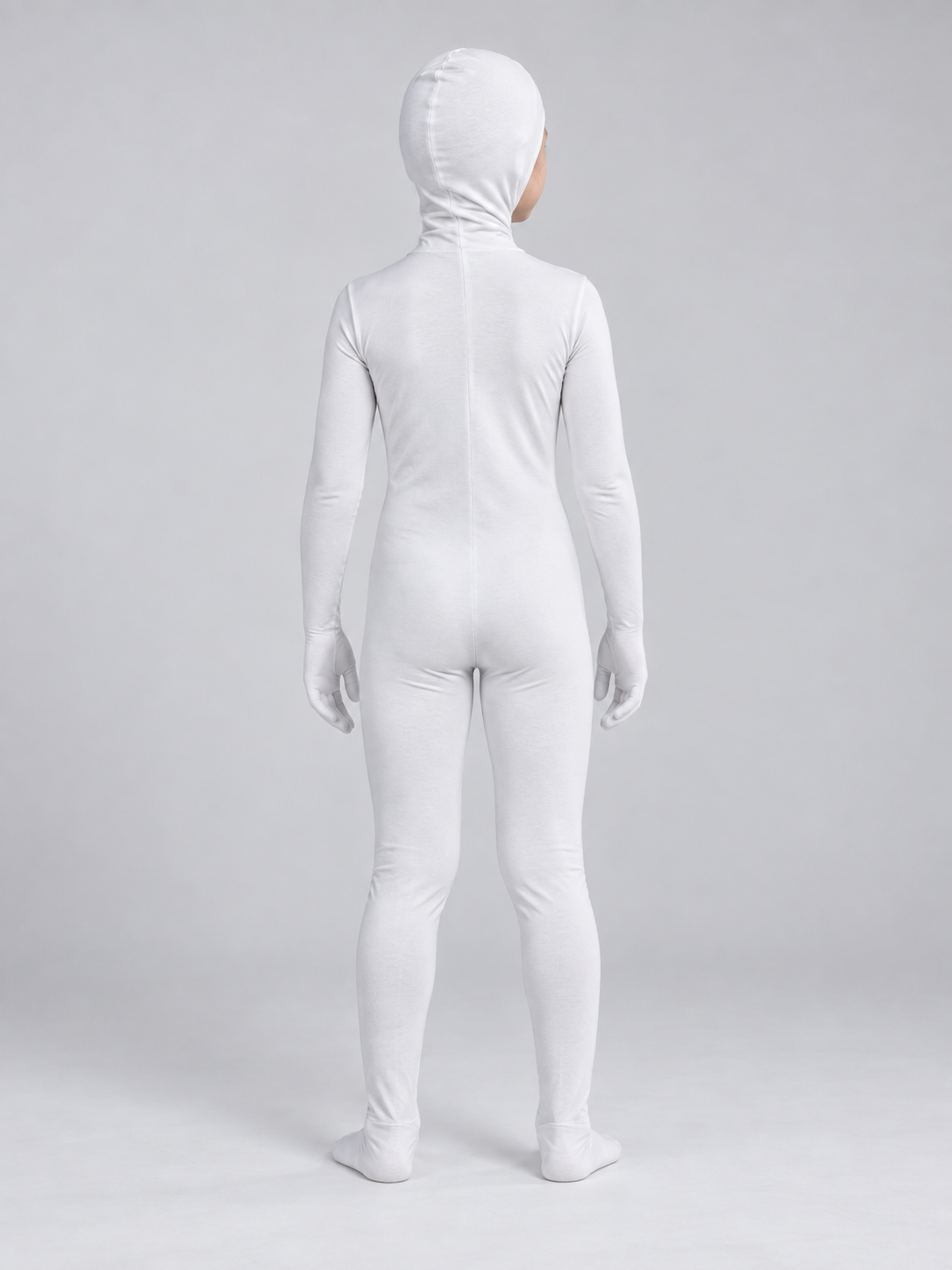 White form-fitting zentai jumpsuit with hood