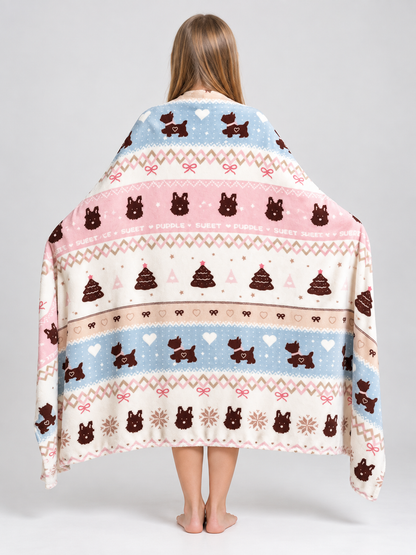 Reversible Fleece Blanket with Dog and Bow Print