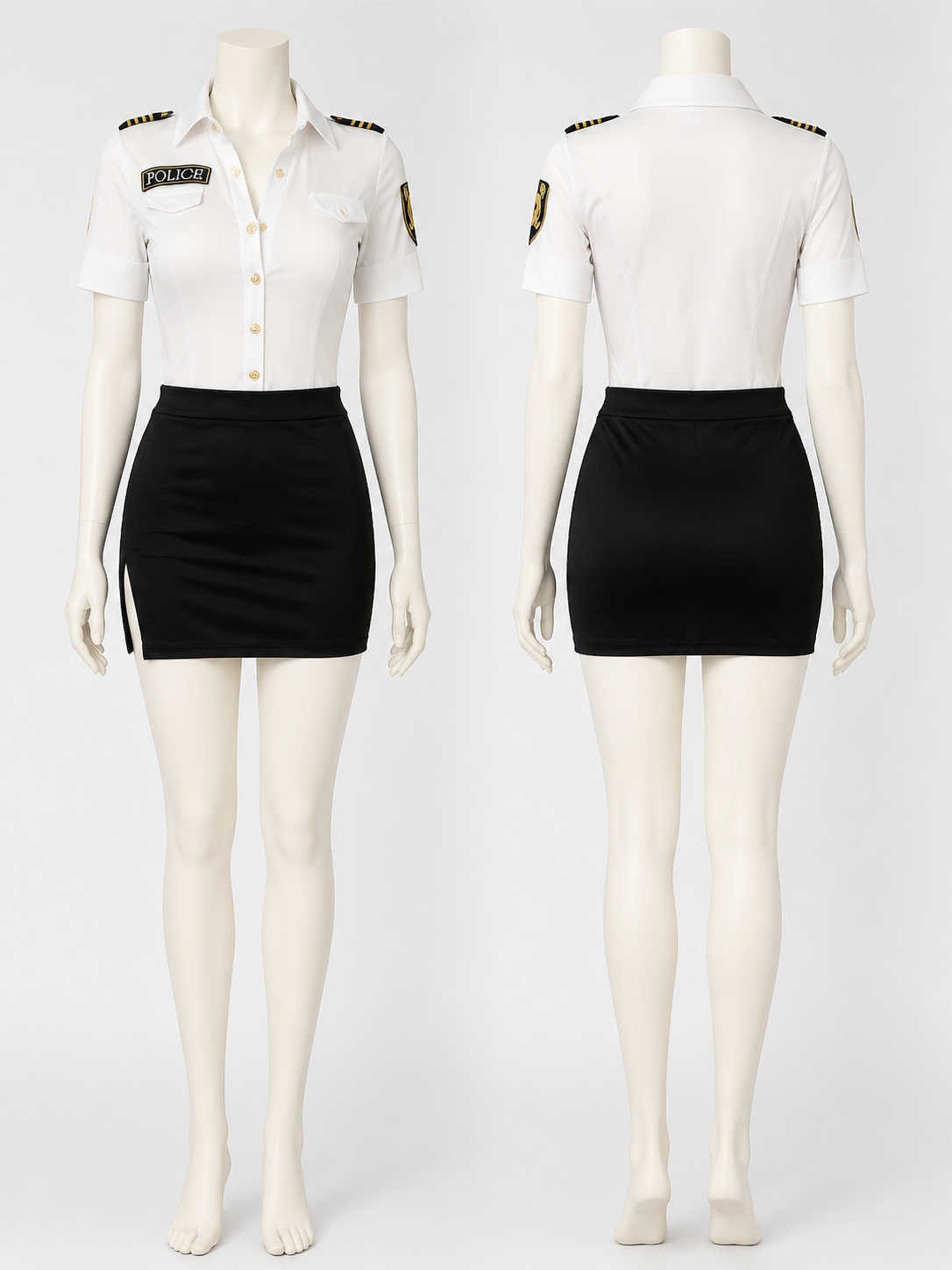 Police Officer Halloween Costume Set - White Top & Black Skirt with Badge, Gold back view