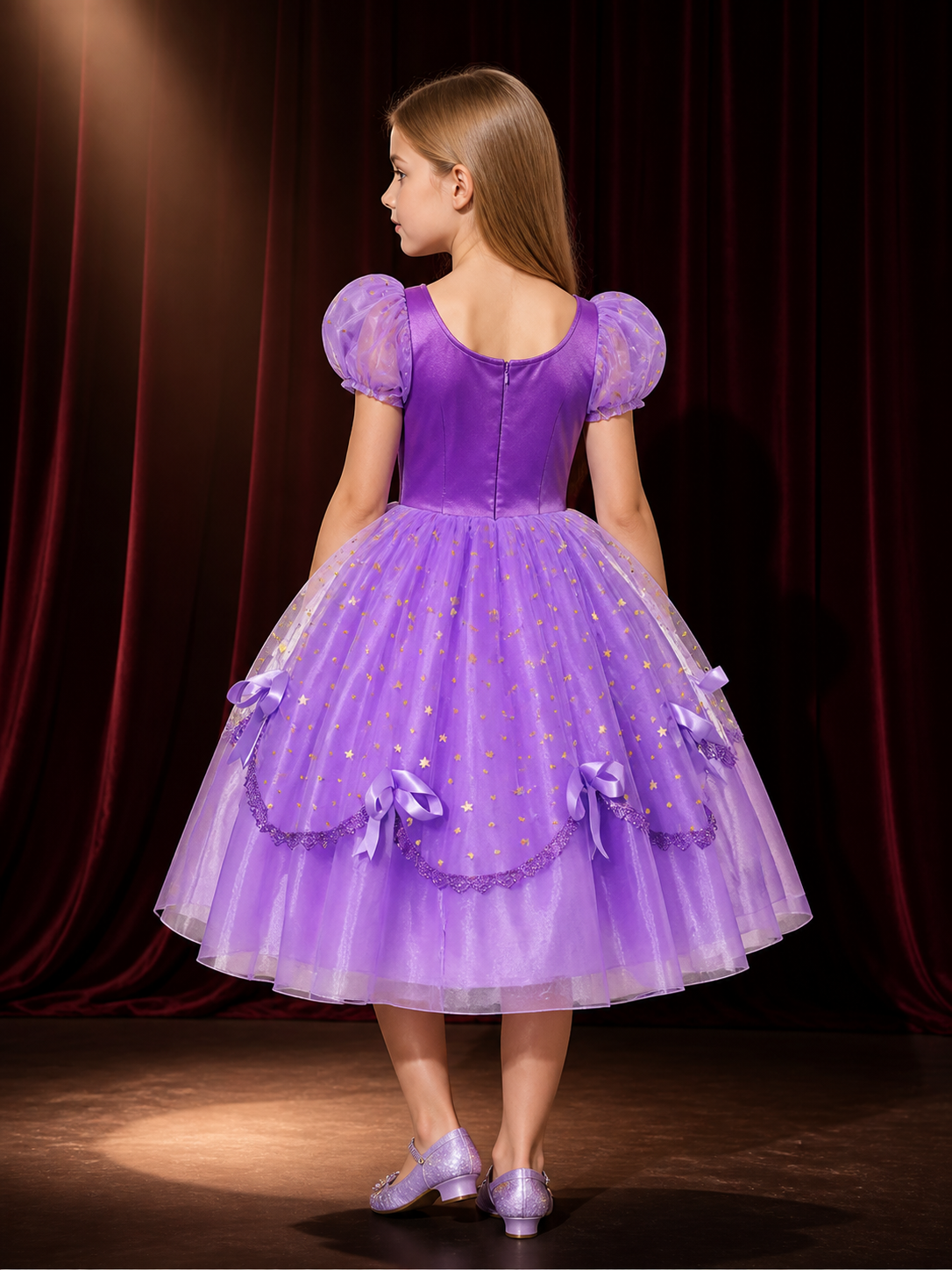 Girls Purple Princess Ball Gown Costume, Star Pattern Layered Tutu Dress with back view