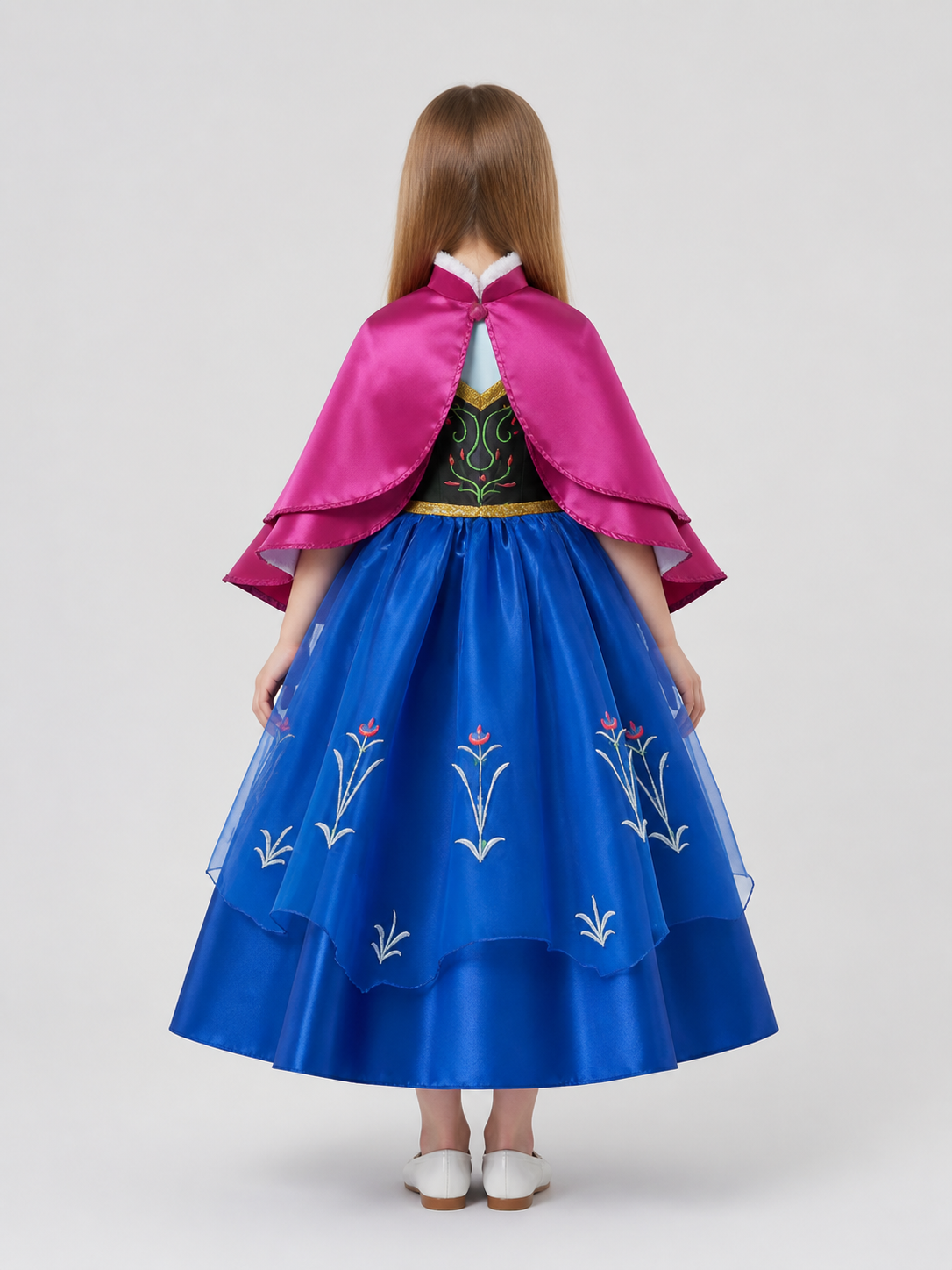 Elsa Costume with Purple Cape and Blue Full Skirt back view