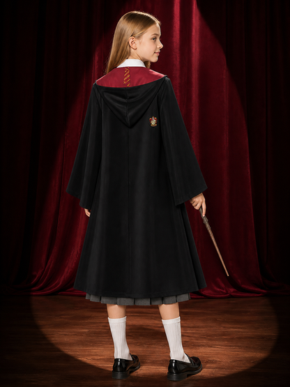 Wizard Academy Costume Set with Hooded Robe, Shirt, Pleated Skirt, Tie and Wand back view