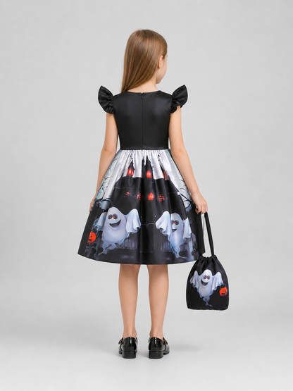 Halloween Printed Dress with Full Skirt and Handbag back view
