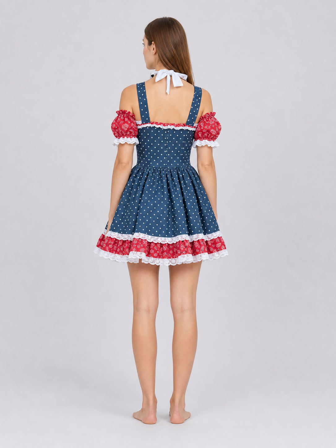 Western-themed cosplay dress with apron and badge back view