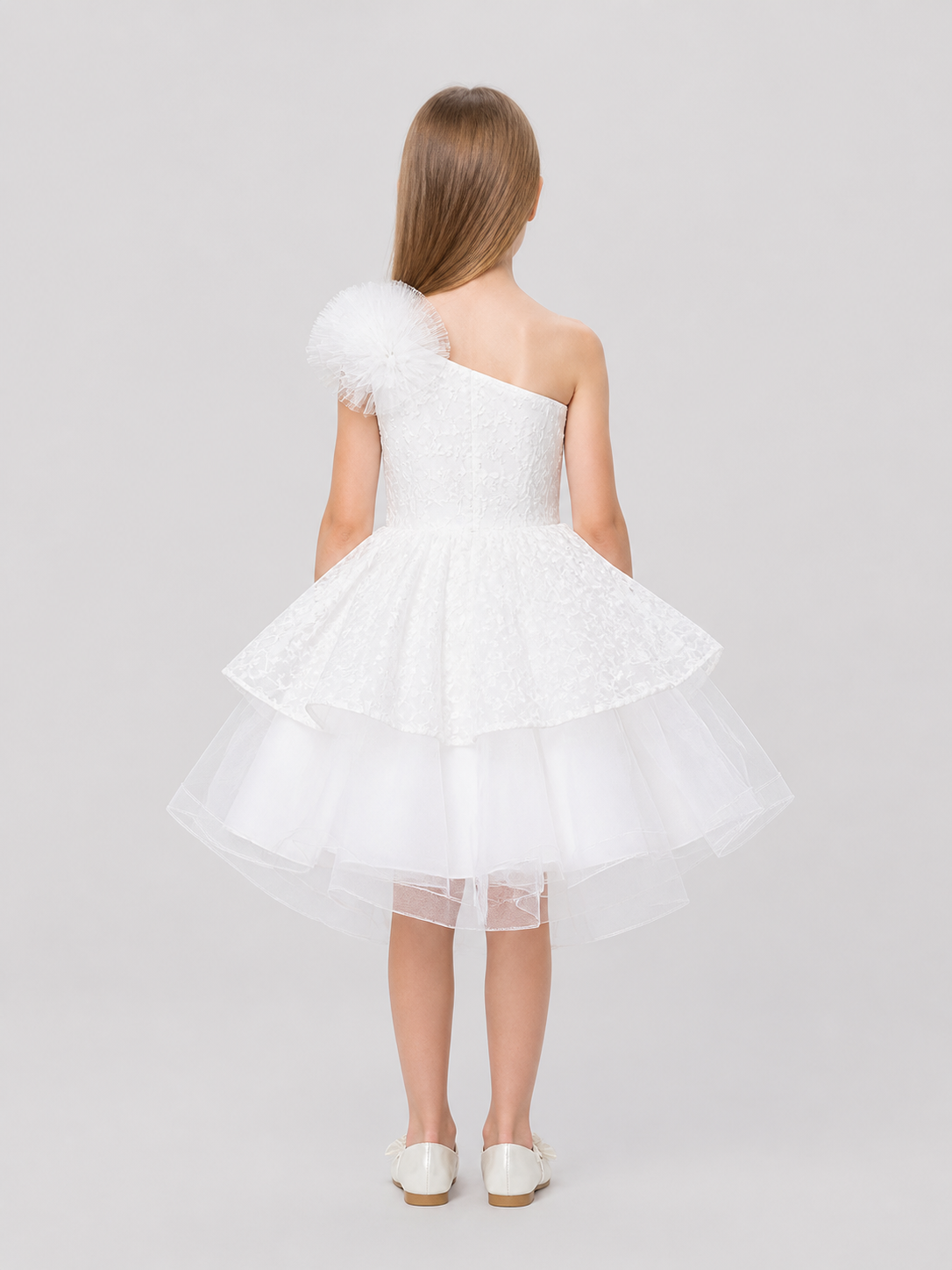 White Princess Dress for Girls with Lace and Tulle back view