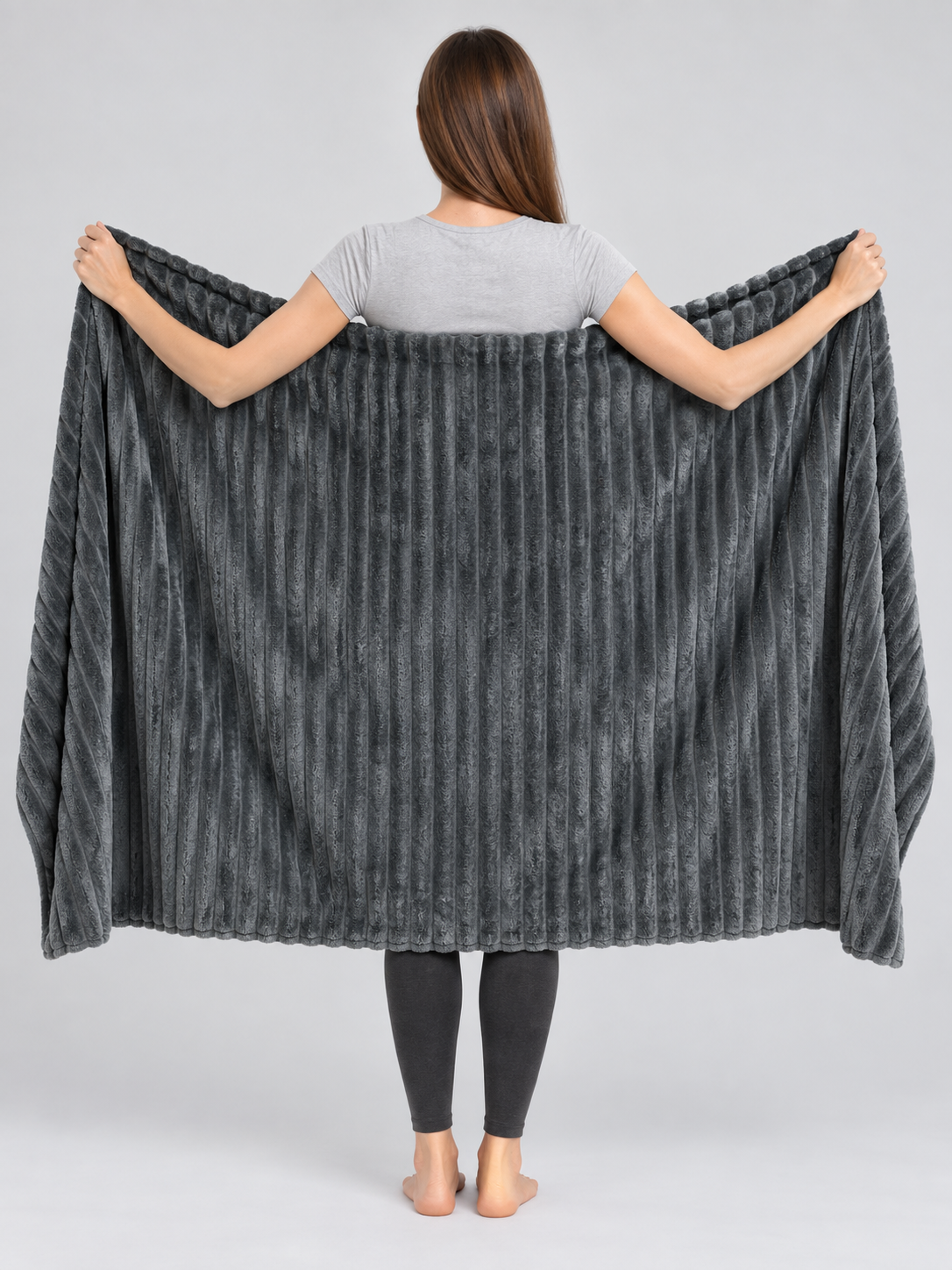 Dark Gray Flannel Blanket with Textured Stripes
