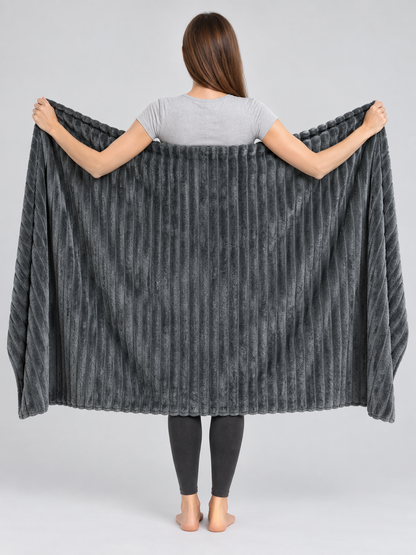 Dark Gray Flannel Blanket with Textured Stripes
