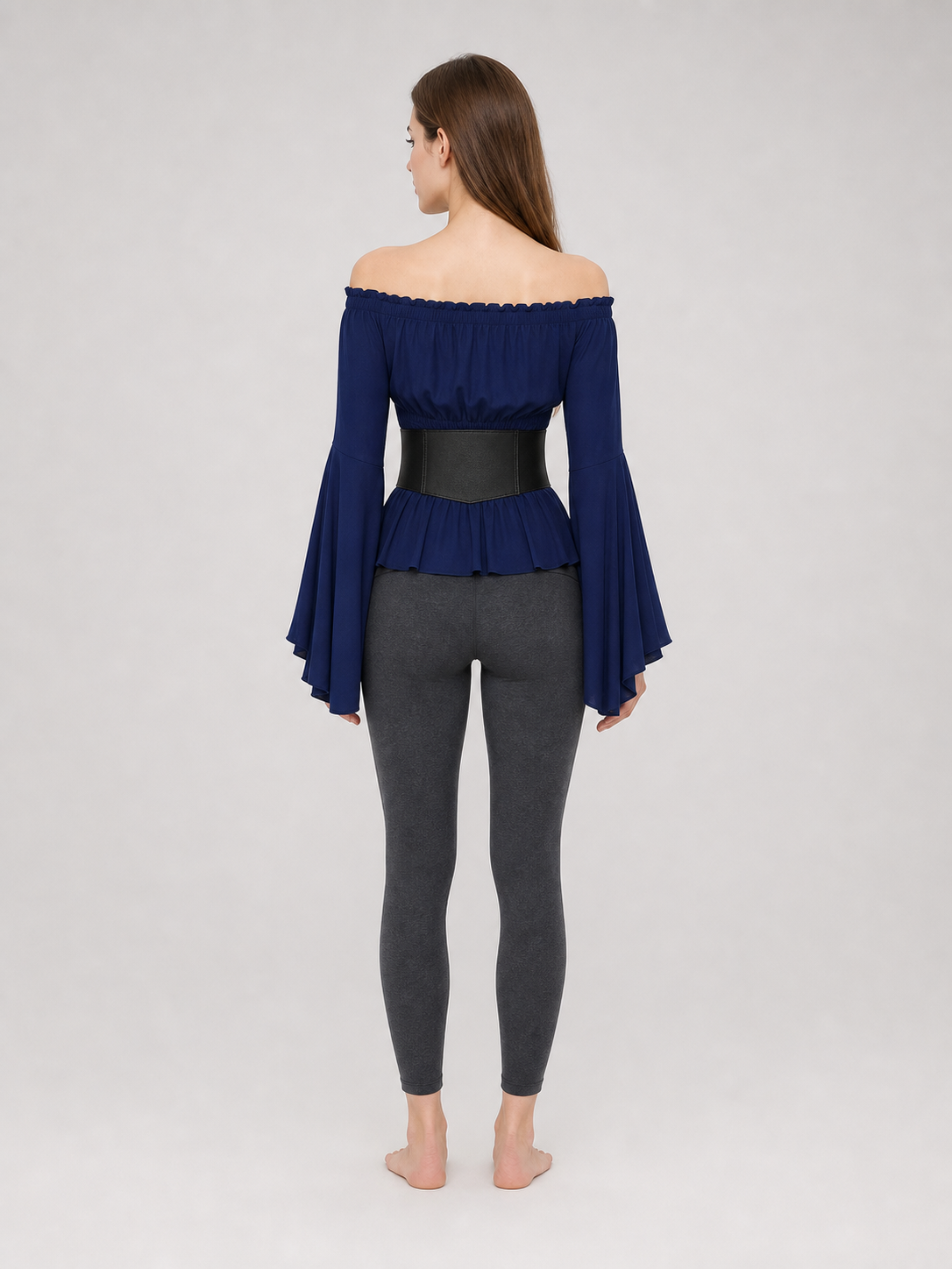 Dark Blue Peplum Blouse with Lace-Up Belt
