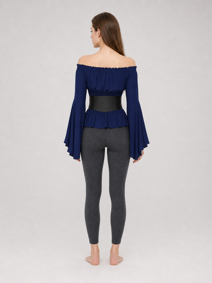 Dark Blue Peplum Blouse with Lace-Up Belt