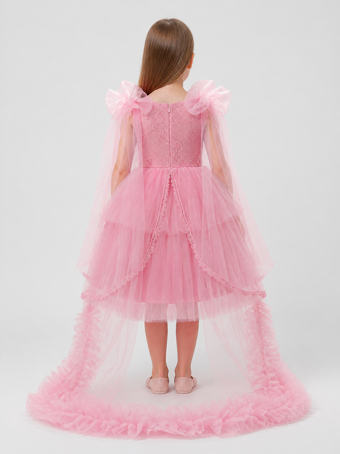 Princess Dress with Lace, Tulle, and a Train back view
