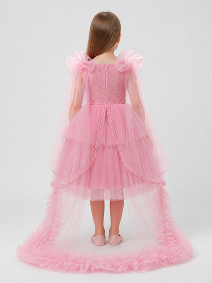 Princess Dress with Lace, Tulle, and a Train back view