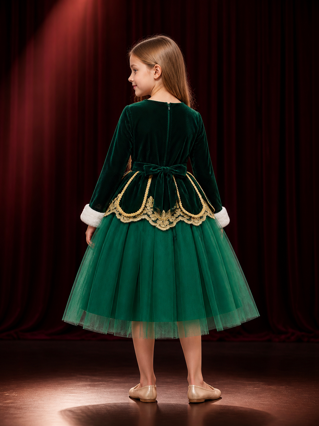 Girls' Dark Green Princess Party Dress, Long Sleeve Embroidered Tulle Skirt back view