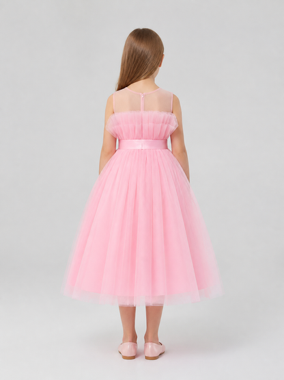 Long Pink Princess Dress with a Bow and Full Skirt back view