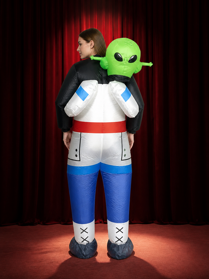 Adult Alien Bodysuit Costume, Black Blue White with Green Head and Black Eyes back view
