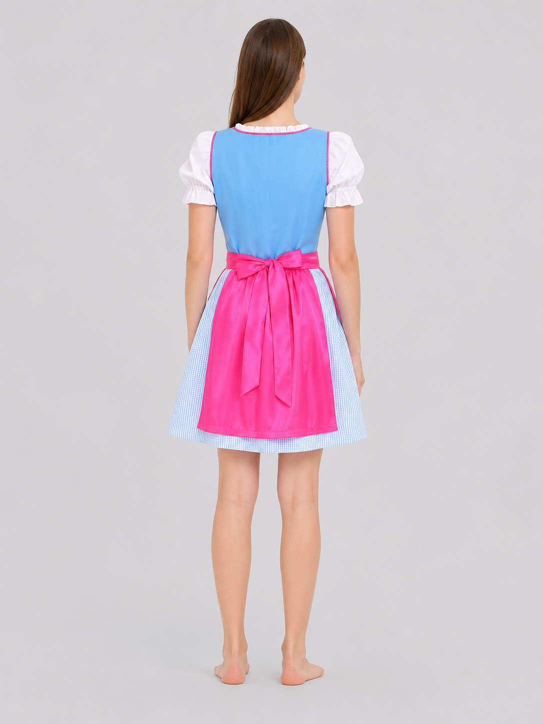 Cosplay dress with apron, bow, and ribbons back view