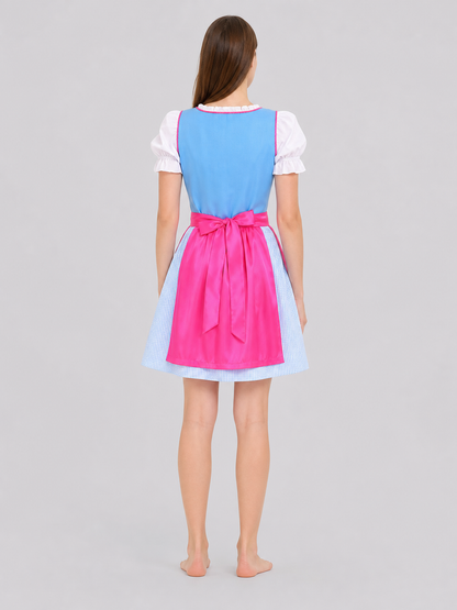 Cosplay dress with apron, bow, and ribbons back view