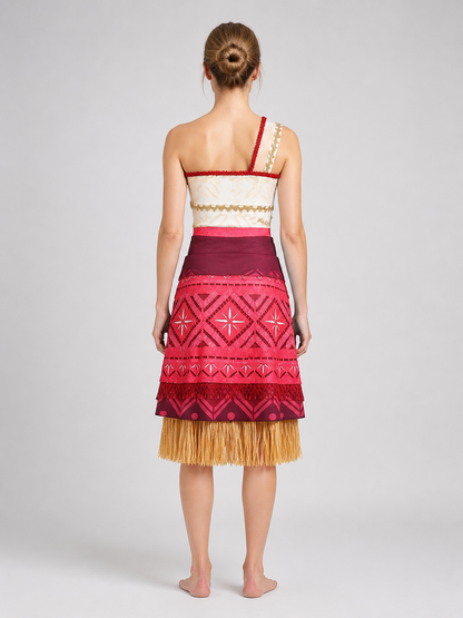 Moana Costume with Layered Skirt and Gold Fringe back view