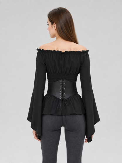 Black Gothic Peplum Top with Lace-Up Belt