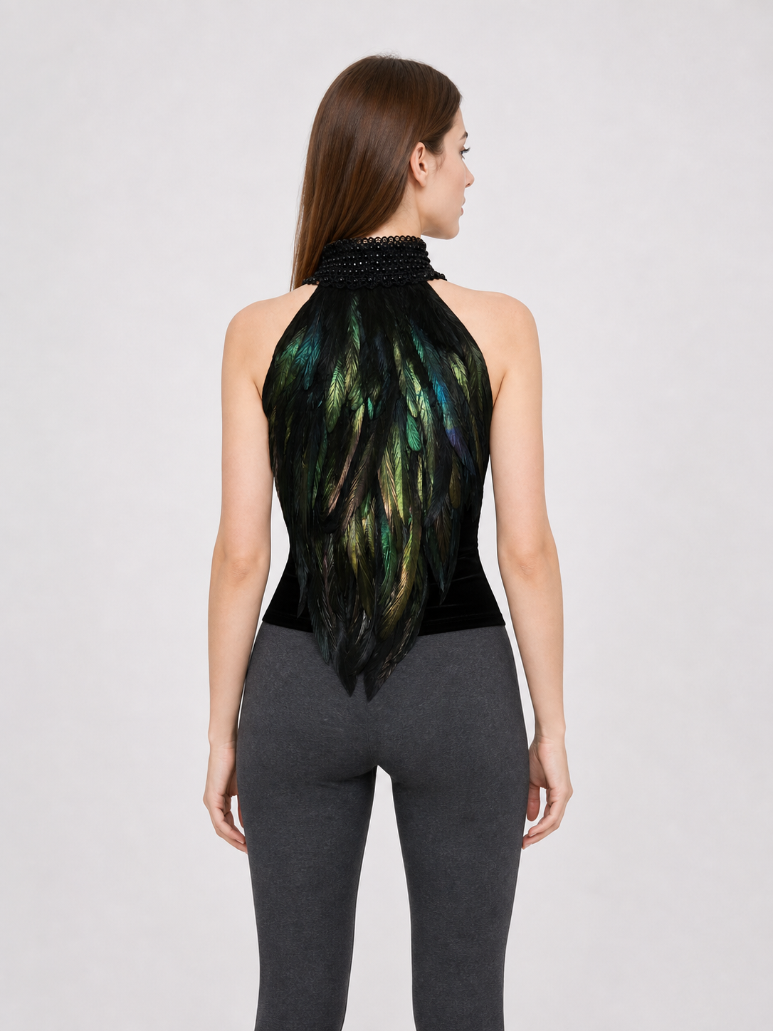 Feathered Halter Top with Beaded Collar