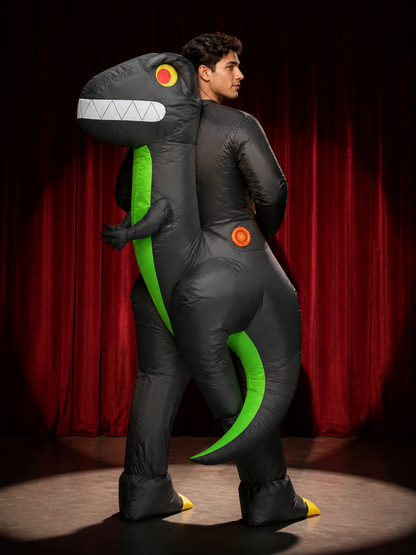 Black Green Inflatable Dinosaur Costume, Funny Blow Up T-Rex Suit with Long back view