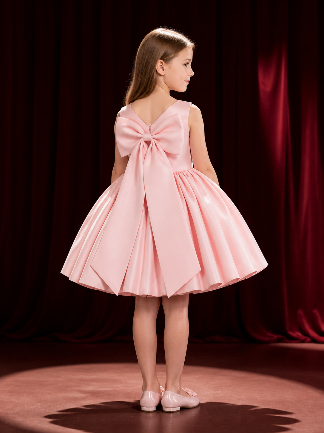 Toddler Girls' Pink Princess Dress, Sleeveless Oversized Bow and Fluffy Skirt back view