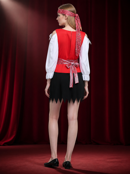 Halloween Pirate Costume Dress Set with Headscarf and Belt, Long Sleeve, Red back view