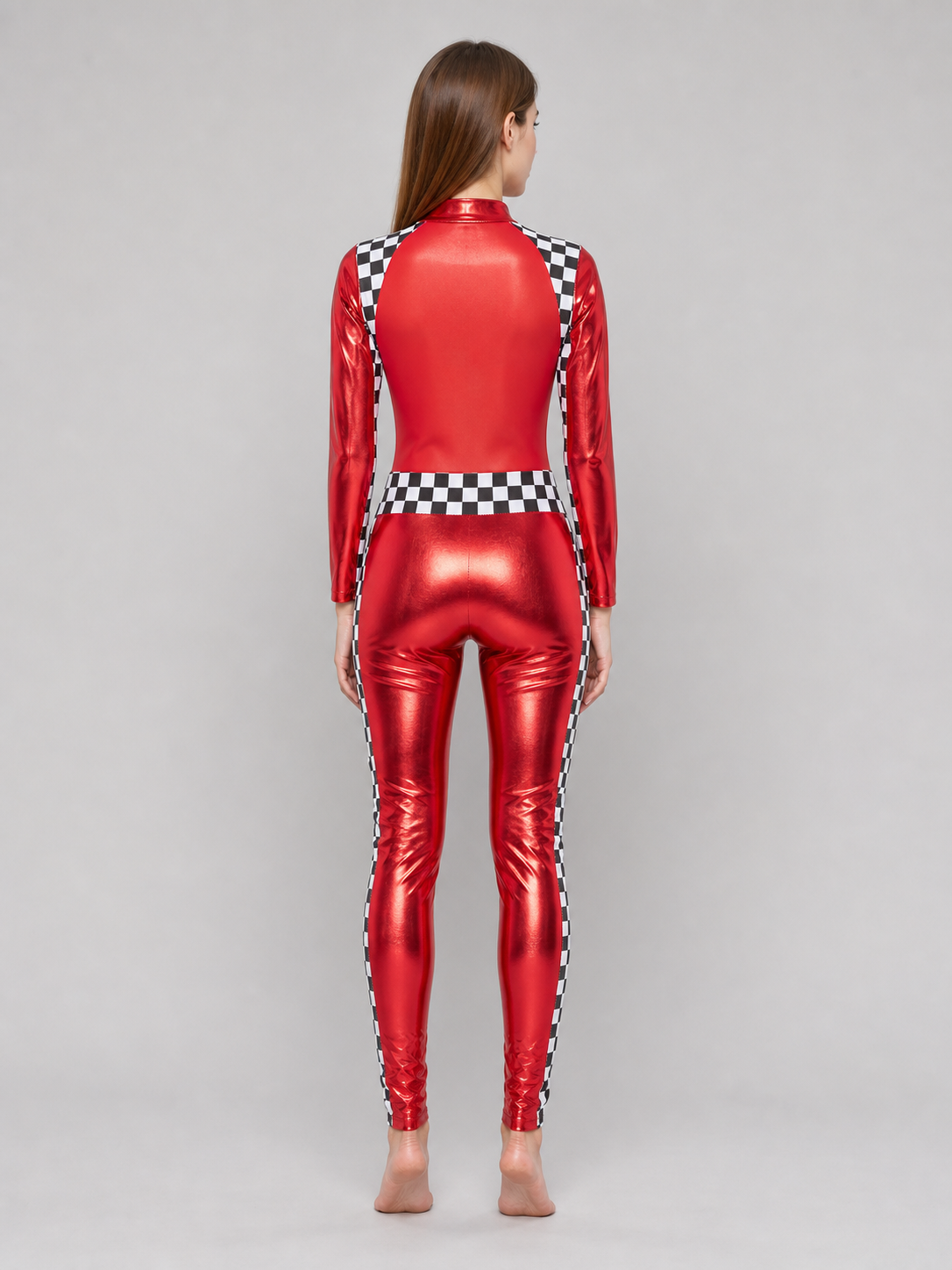 Red Stage Costume with Black-and-White Checkered Pattern back view