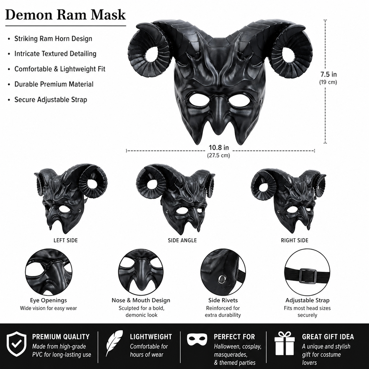 1pc Halloween Horned Demon Full-Face Mask with Curled Horns for Cosplay Party