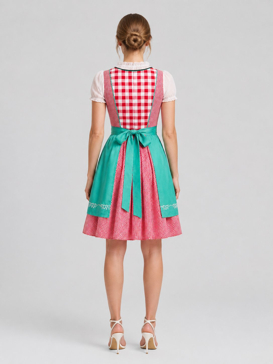 Ethnic Plaid Dress with Apron and Full Skirt back view